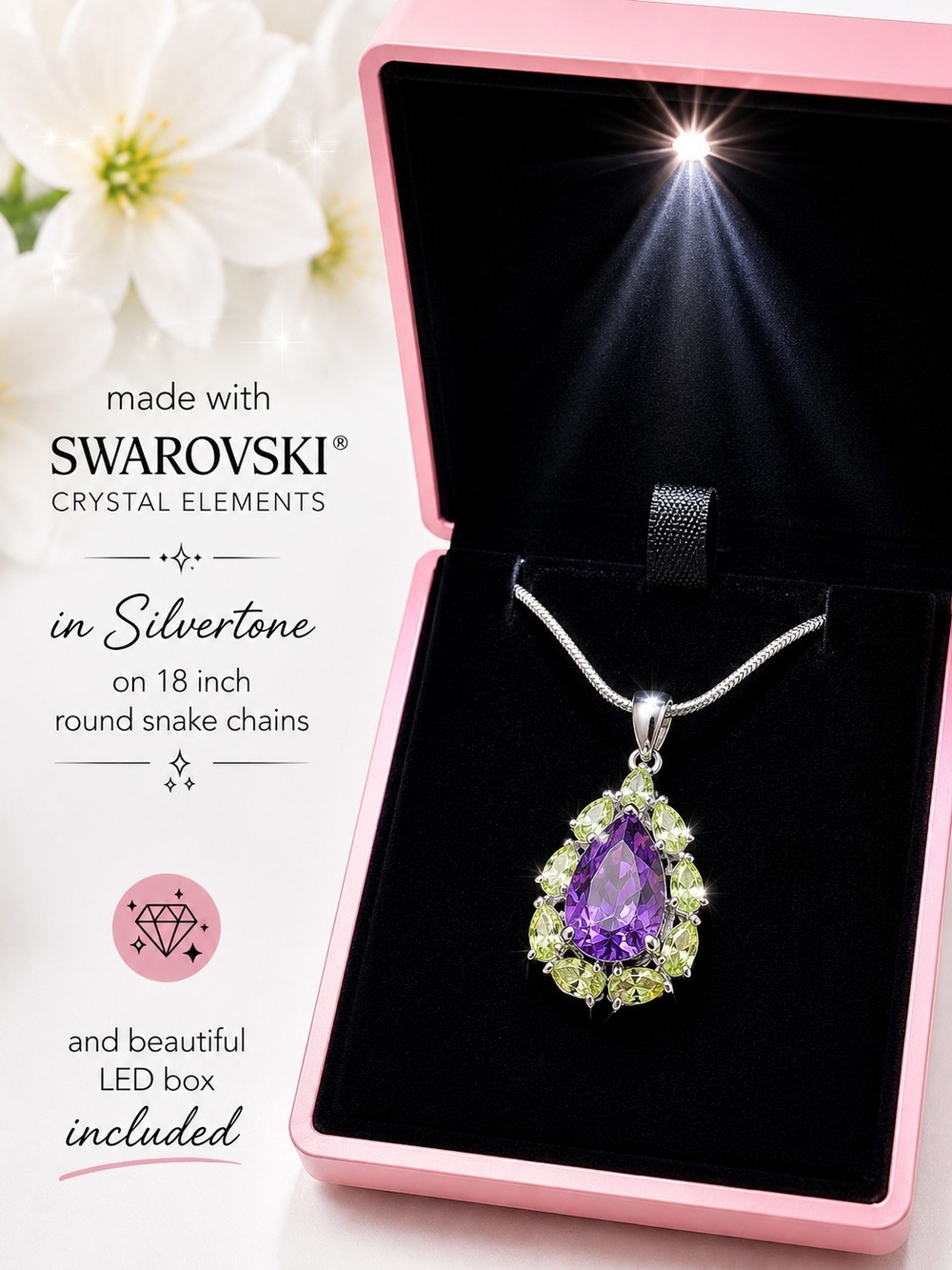 Purple Teardrop Swarovski Crystal Elements Pendant Necklace with Yellow Halo